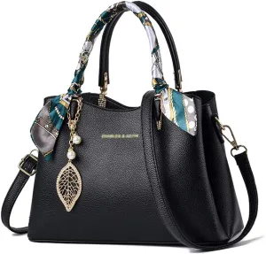 Women Handbags Classic Top Handle Handbag Vegan Leather Satchel Tote Bags Zip Purse Shoulder Bag with Silk Scarf