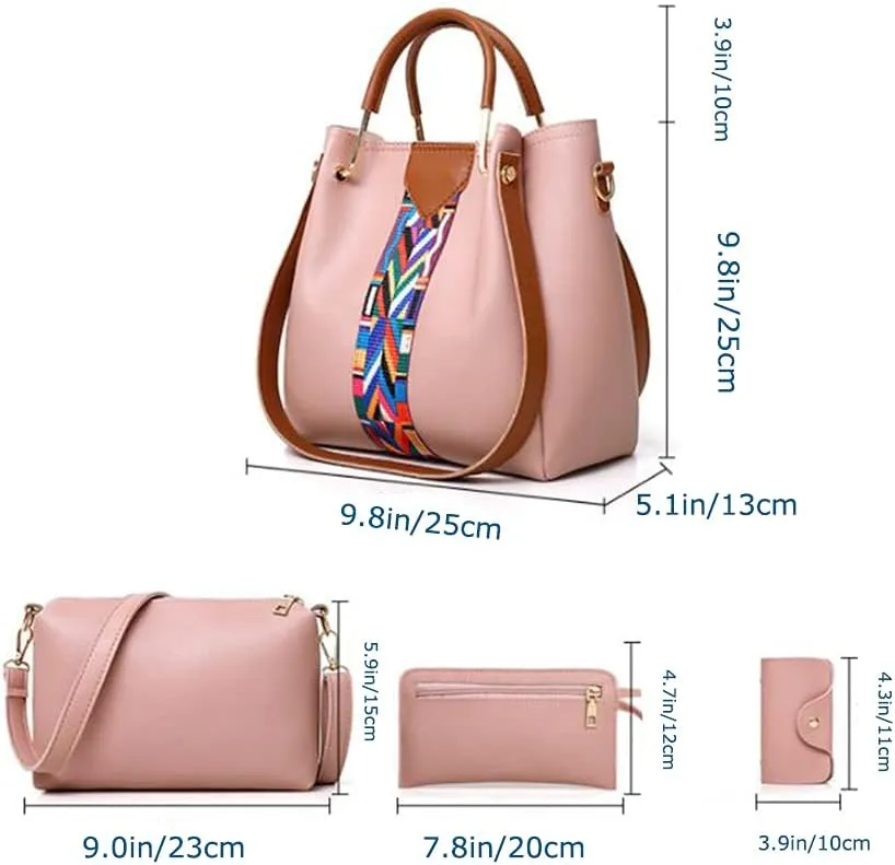 Women Soft Synthetic Patnet Leather Tote Satchel Crossbody Bag 4pcs Simple Clutches Shoulder Handbags