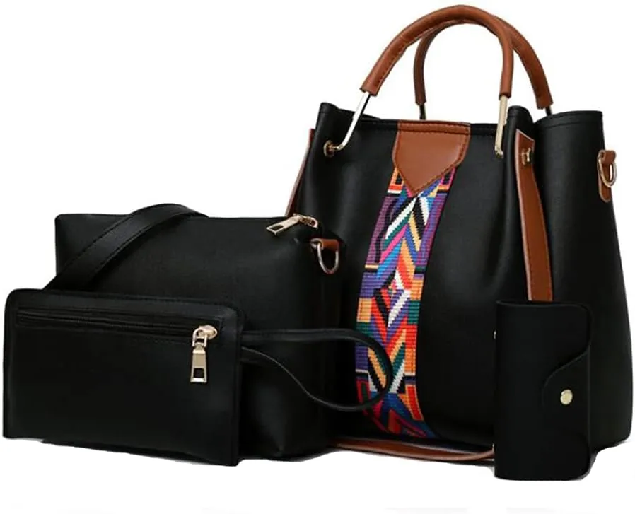 Women Soft Synthetic Patnet Leather Tote Satchel Crossbody Bag 4pcs Simple Clutches Shoulder Handbags