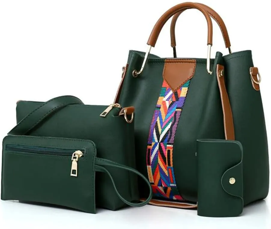 Women Soft Synthetic Patnet Leather Tote Satchel Crossbody Bag 4pcs Simple Clutches Shoulder Handbags