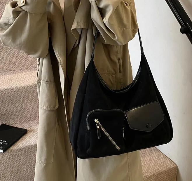 Women Vintage Fashion Large Capacity Tote Bag Shoulder Bag Slouchy Hobo Bag Suede Underarm Bag Casual Satchel Purse