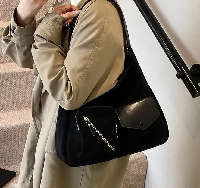 Women Vintage Fashion Large Capacity Tote Bag Shoulder Bag Slouchy Hobo Bag Suede Underarm Bag Casual Satchel Purse