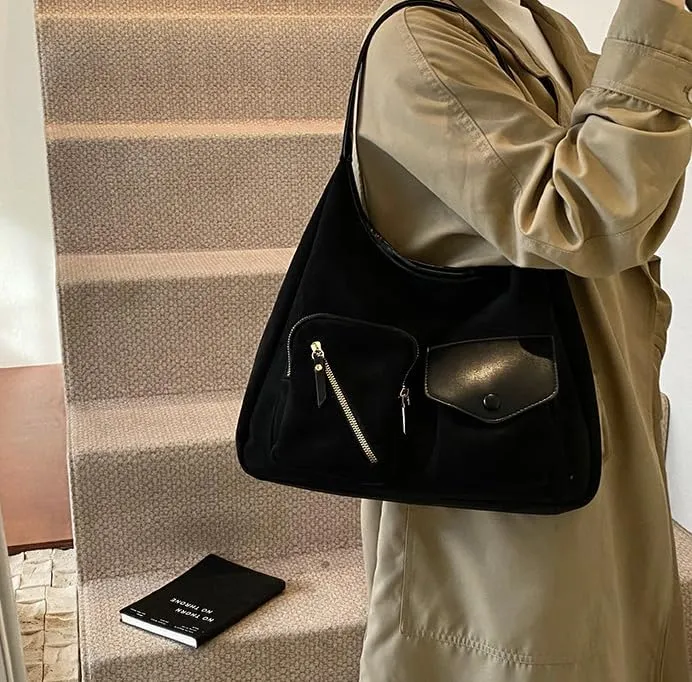 Women Vintage Fashion Large Capacity Tote Bag Shoulder Bag Slouchy Hobo Bag Suede Underarm Bag Casual Satchel Purse