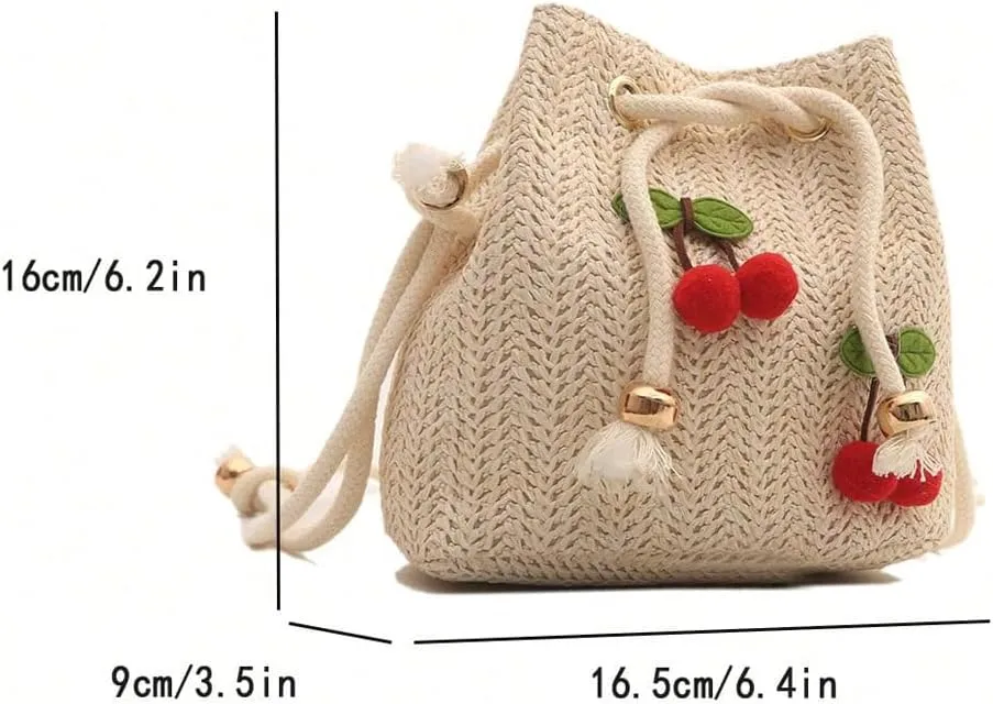 Women's 3D Cherry Drawstring Crossbody Bags Small Cute Travel Bucket Straw Bag