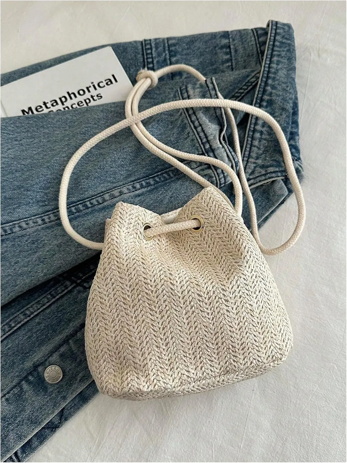Women's 3D Cherry Drawstring Crossbody Bags Small Cute Travel Bucket Straw Bag