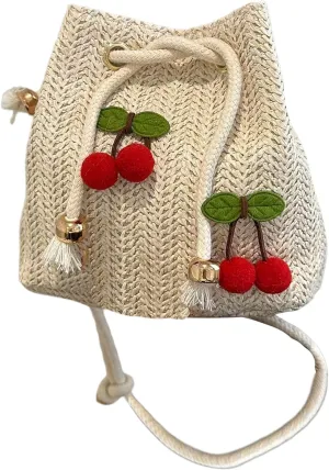 Women's 3D Cherry Drawstring Crossbody Bags Small Cute Travel Bucket Straw Bag