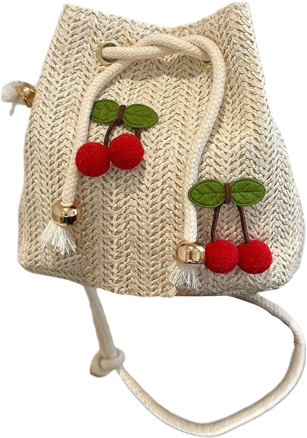 Women's 3D Cherry Drawstring Crossbody Bags Small Cute Travel Bucket Straw Bag