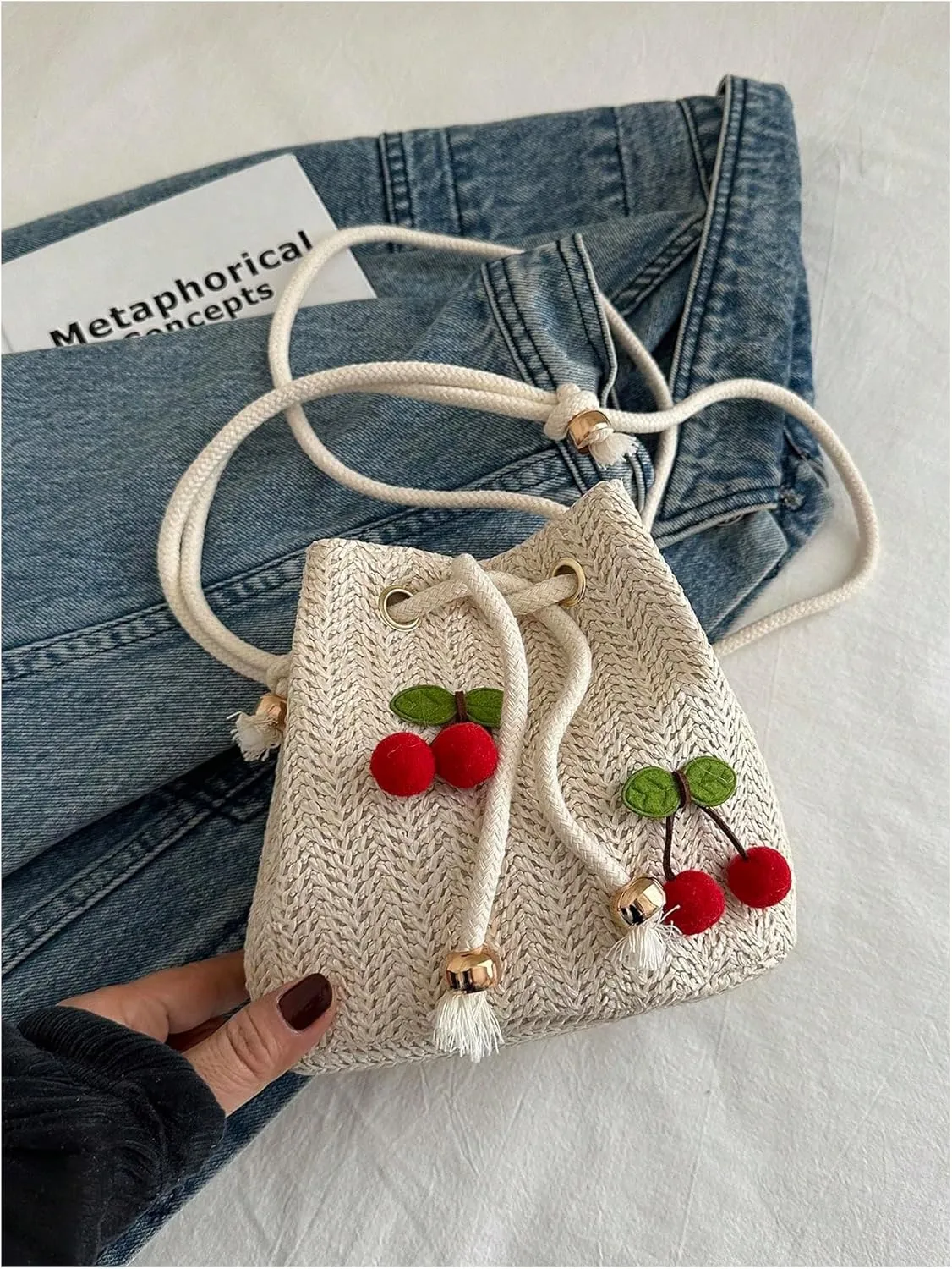 Women's 3D Cherry Drawstring Crossbody Bags Small Cute Travel Bucket Straw Bag