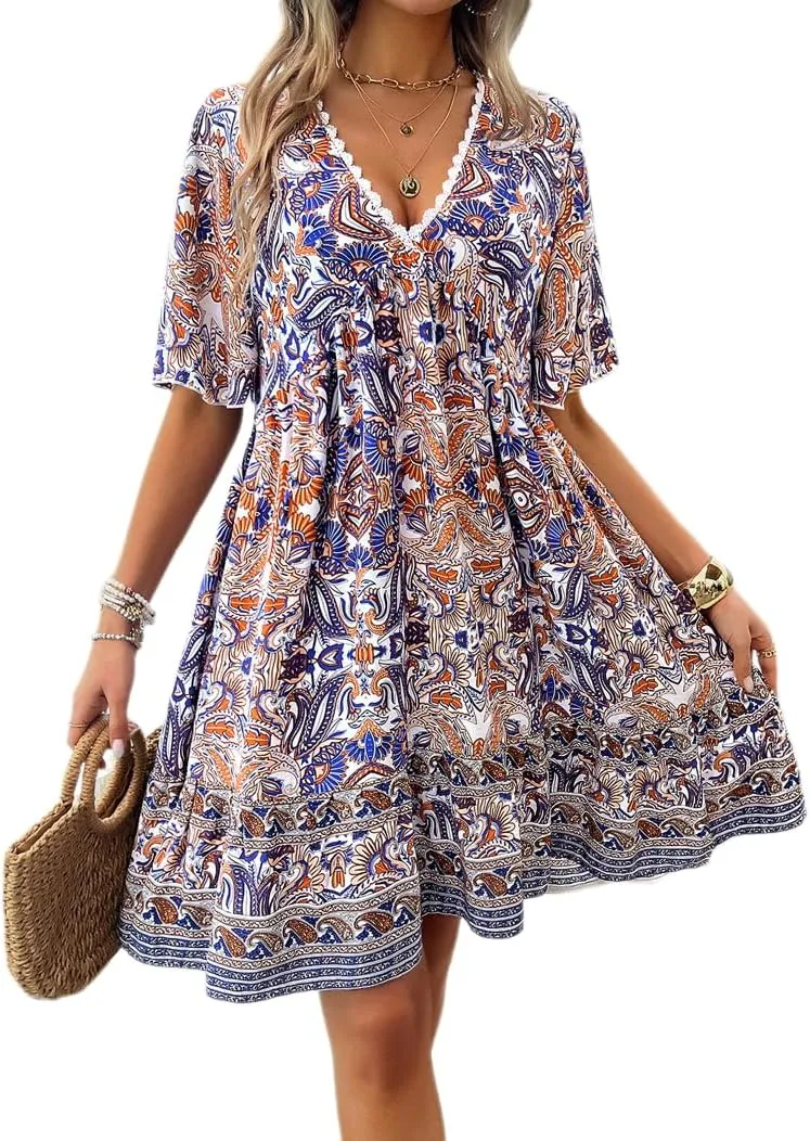 Women's Boho Retro Printed Sundress V Neck Lotus Leaf Short-Sleeved Summer Flowy Casual Beach Mini Dress