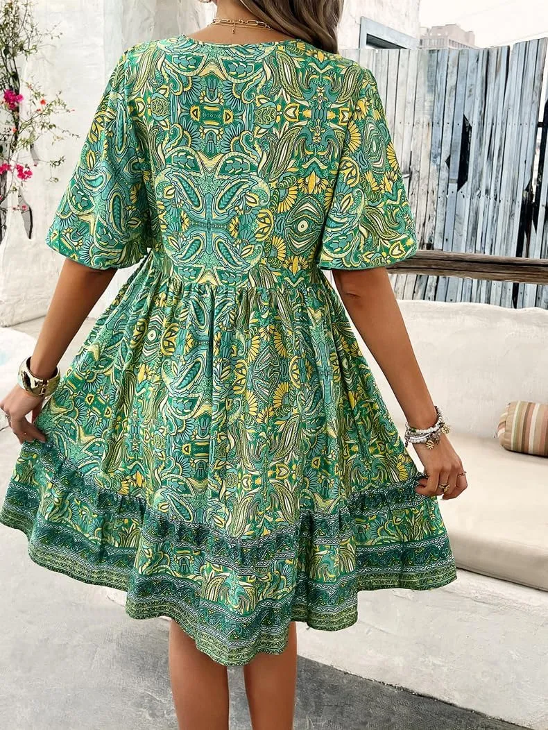 Women's Boho Retro Printed Sundress V Neck Lotus Leaf Short-Sleeved Summer Flowy Casual Beach Mini Dress