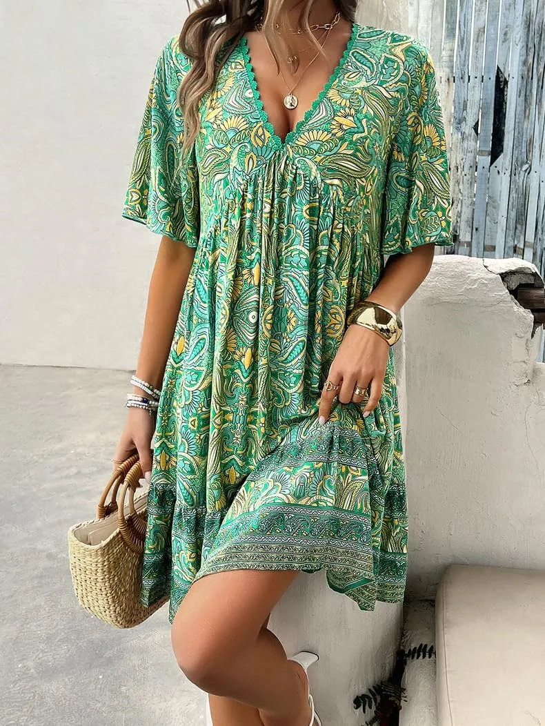 Women's Boho Retro Printed Sundress V Neck Lotus Leaf Short-Sleeved Summer Flowy Casual Beach Mini Dress