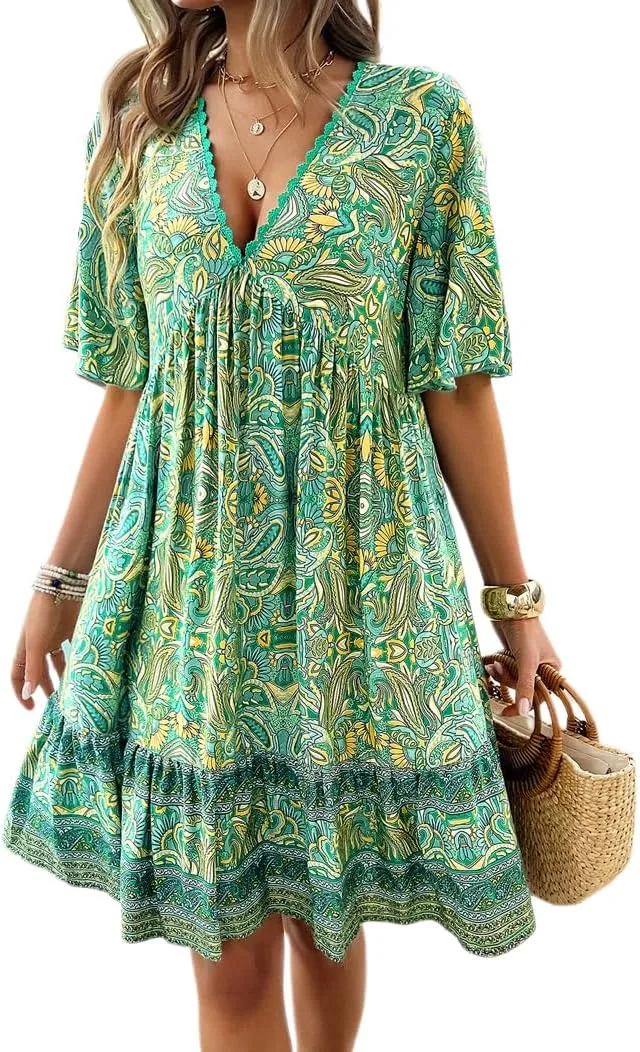 Women's Boho Retro Printed Sundress V Neck Lotus Leaf Short-Sleeved Summer Flowy Casual Beach Mini Dress