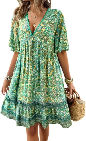 Women's Boho Retro Printed Sundress V Neck Lotus Leaf Short-Sleeved Summer Flowy Casual Beach Mini Dress