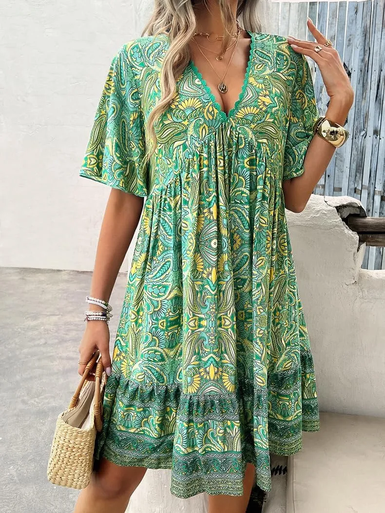 Women's Boho Retro Printed Sundress V Neck Lotus Leaf Short-Sleeved Summer Flowy Casual Beach Mini Dress