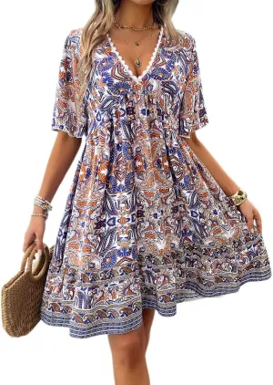 Women's Boho Retro Printed Sundress V Neck Lotus Leaf Short-Sleeved Summer Flowy Casual Beach Mini Dress