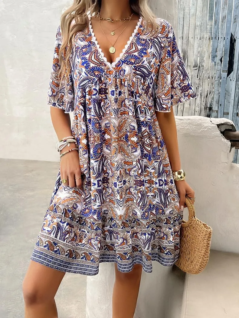 Women's Boho Retro Printed Sundress V Neck Lotus Leaf Short-Sleeved Summer Flowy Casual Beach Mini Dress