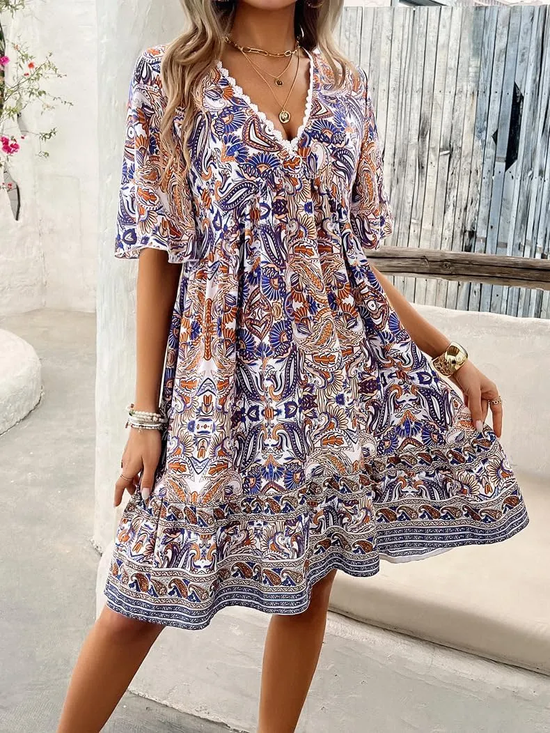 Women's Boho Retro Printed Sundress V Neck Lotus Leaf Short-Sleeved Summer Flowy Casual Beach Mini Dress