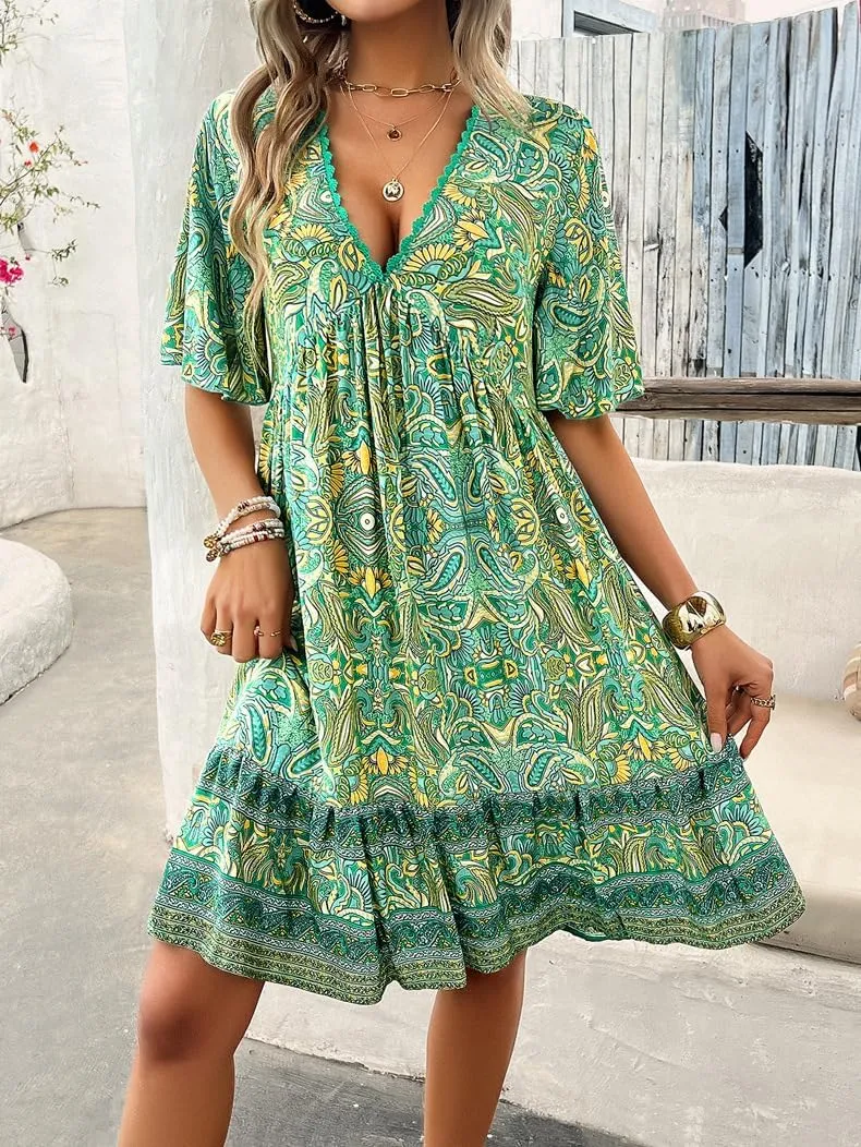 Women's Boho Retro Printed Sundress V Neck Lotus Leaf Short-Sleeved Summer Flowy Casual Beach Mini Dress