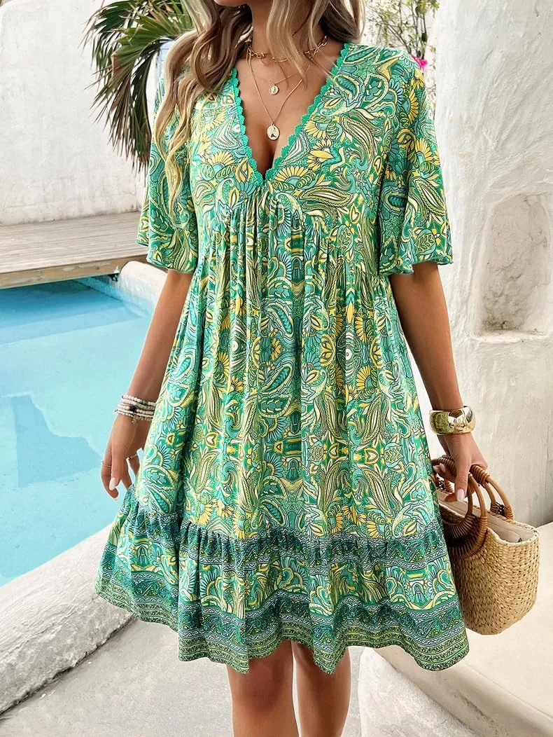 Women's Boho Retro Printed Sundress V Neck Lotus Leaf Short-Sleeved Summer Flowy Casual Beach Mini Dress
