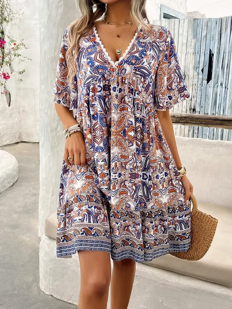 Women's Boho Retro Printed Sundress V Neck Lotus Leaf Short-Sleeved Summer Flowy Casual Beach Mini Dress