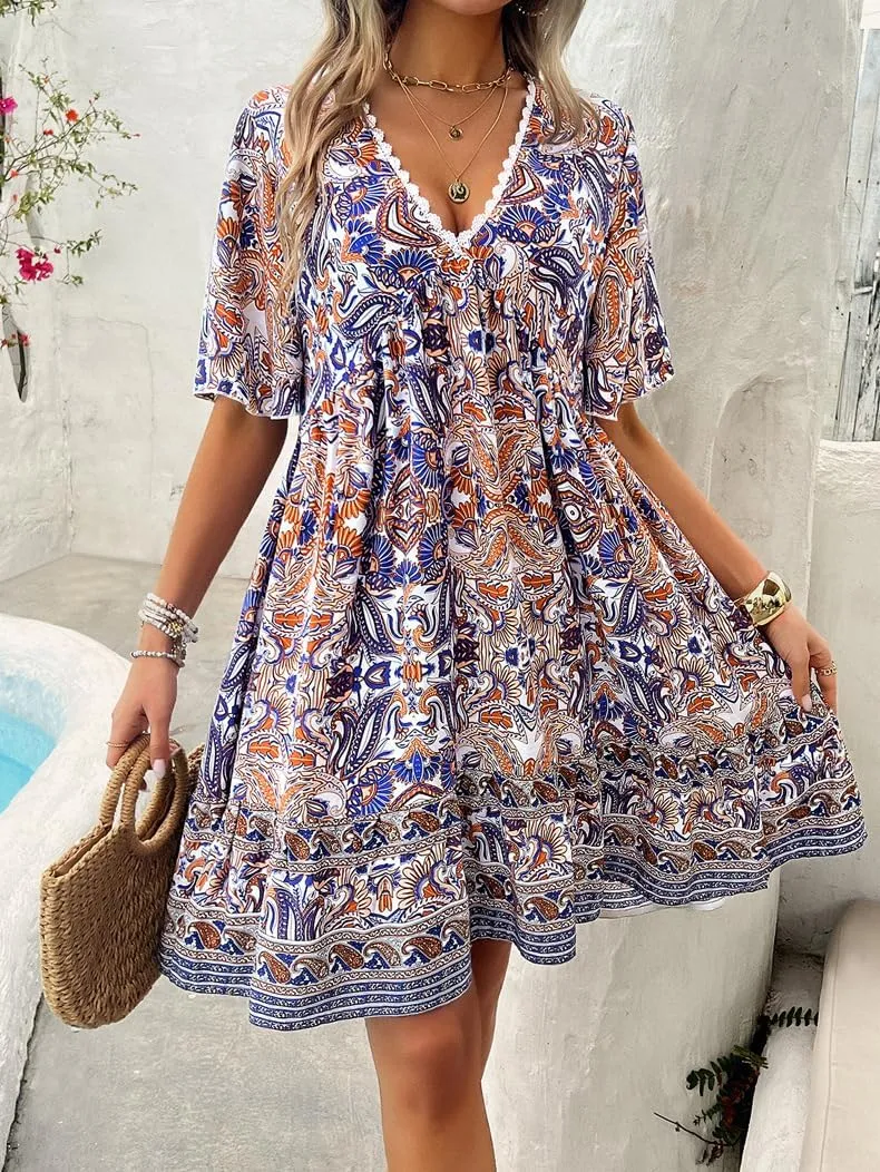 Women's Boho Retro Printed Sundress V Neck Lotus Leaf Short-Sleeved Summer Flowy Casual Beach Mini Dress