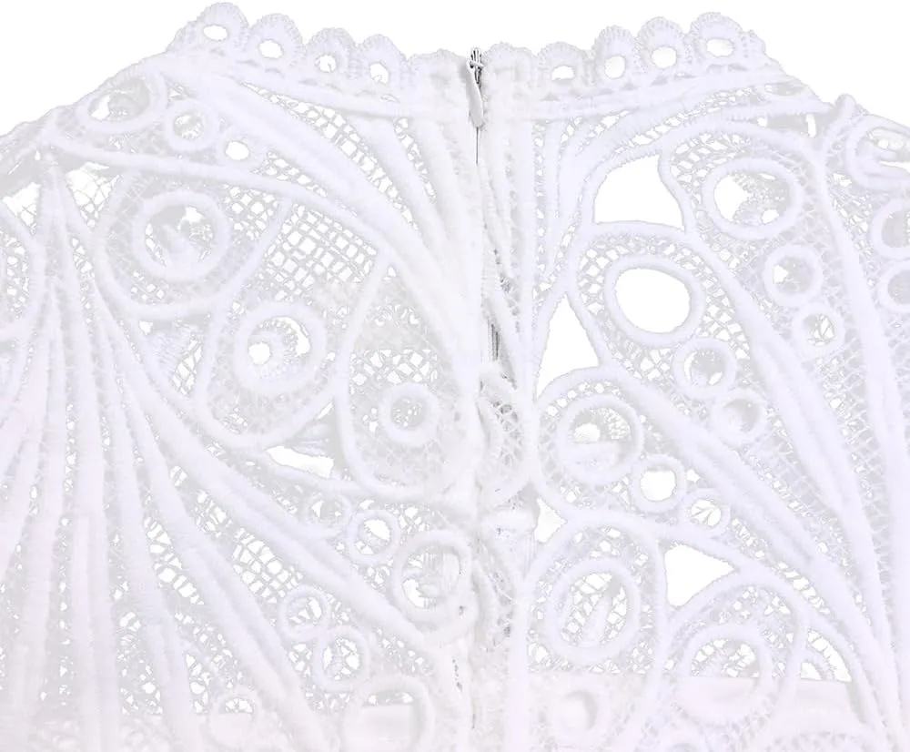 Women's Elegant Lace Hollow Out Puff Sleeve Mock Neck A-Line Pleated Midi Dress Plus Size Church Wedding Guest Dress