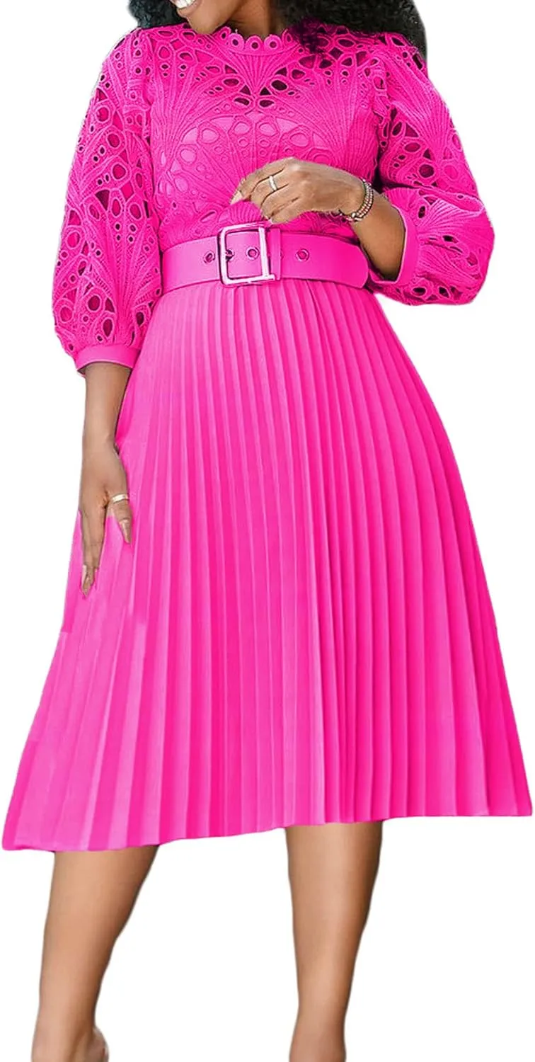 Women's Elegant Lace Hollow Out Puff Sleeve Mock Neck A-Line Pleated Midi Dress Plus Size Church Wedding Guest Dress