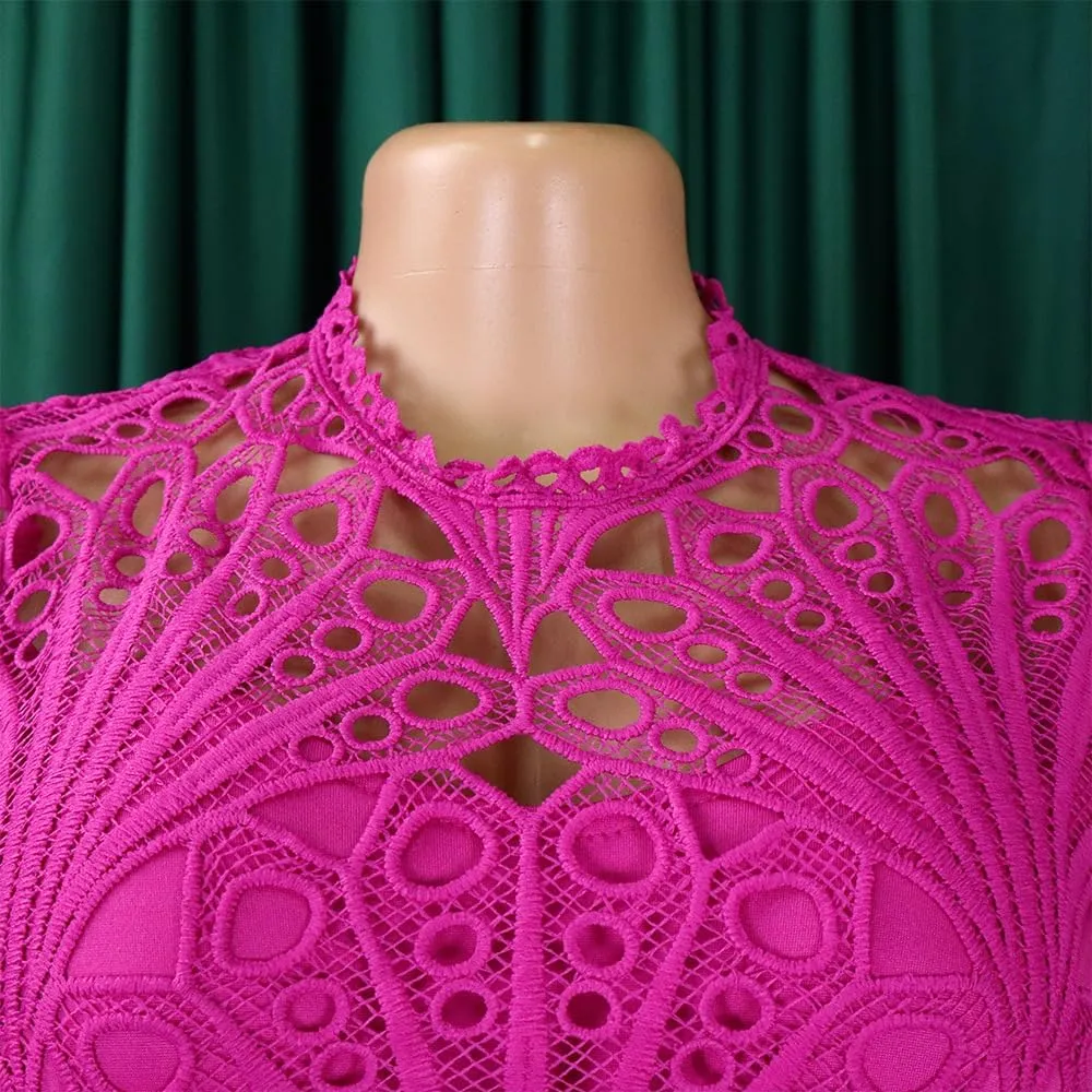 Women's Elegant Lace Hollow Out Puff Sleeve Mock Neck A-Line Pleated Midi Dress Plus Size Church Wedding Guest Dress