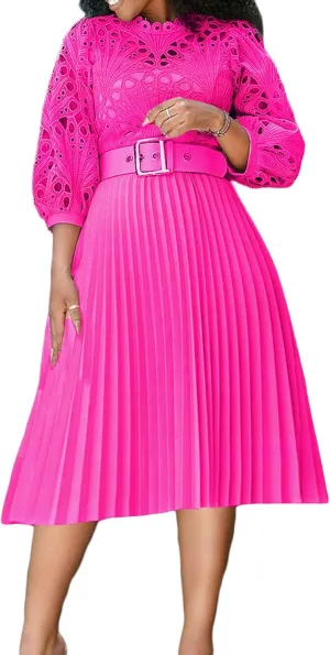 Women's Elegant Lace Hollow Out Puff Sleeve Mock Neck A-Line Pleated Midi Dress Plus Size Church Wedding Guest Dress