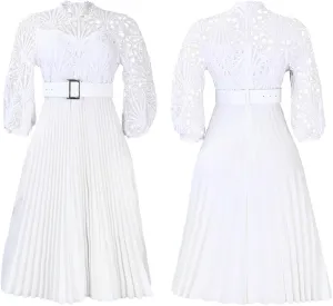 Women's Elegant Lace Hollow Out Puff Sleeve Mock Neck A-Line Pleated Midi Dress Plus Size Church Wedding Guest Dress