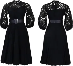 Women's Elegant Lace Hollow Out Puff Sleeve Mock Neck A-Line Pleated Midi Dress Plus Size Church Wedding Guest Dress