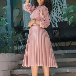Women's Elegant Lace Hollow Out Puff Sleeve Mock Neck A-Line Pleated Midi Dress Plus Size Church Wedding Guest Dress