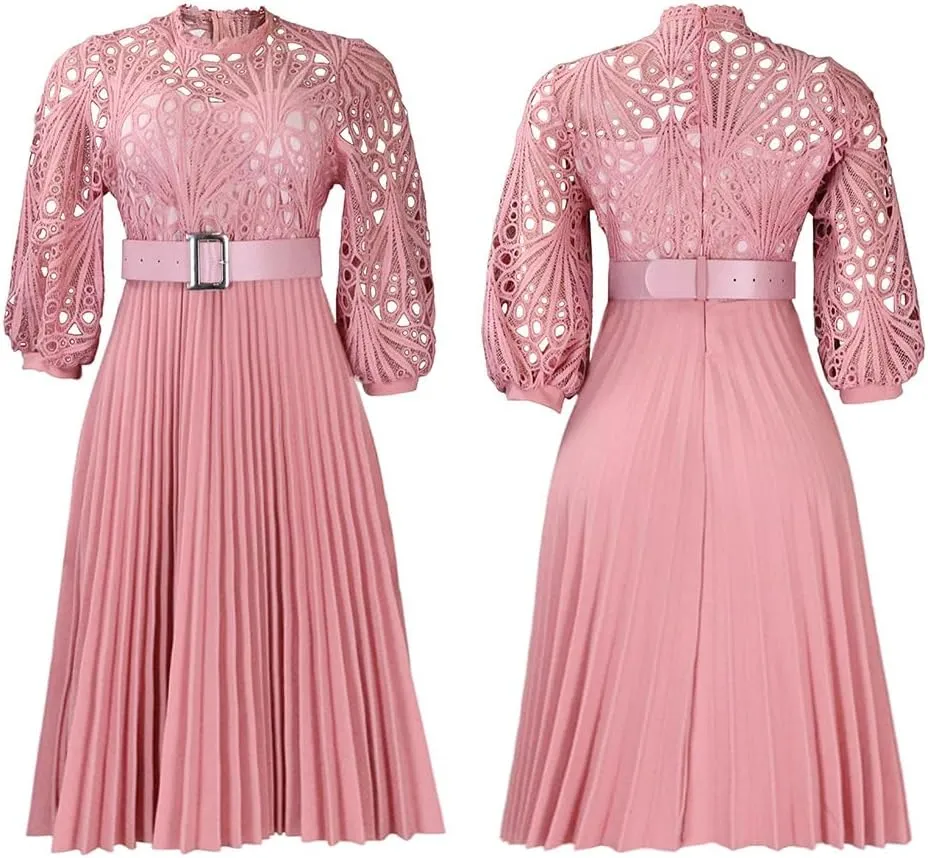 Women's Elegant Lace Hollow Out Puff Sleeve Mock Neck A-Line Pleated Midi Dress Plus Size Church Wedding Guest Dress