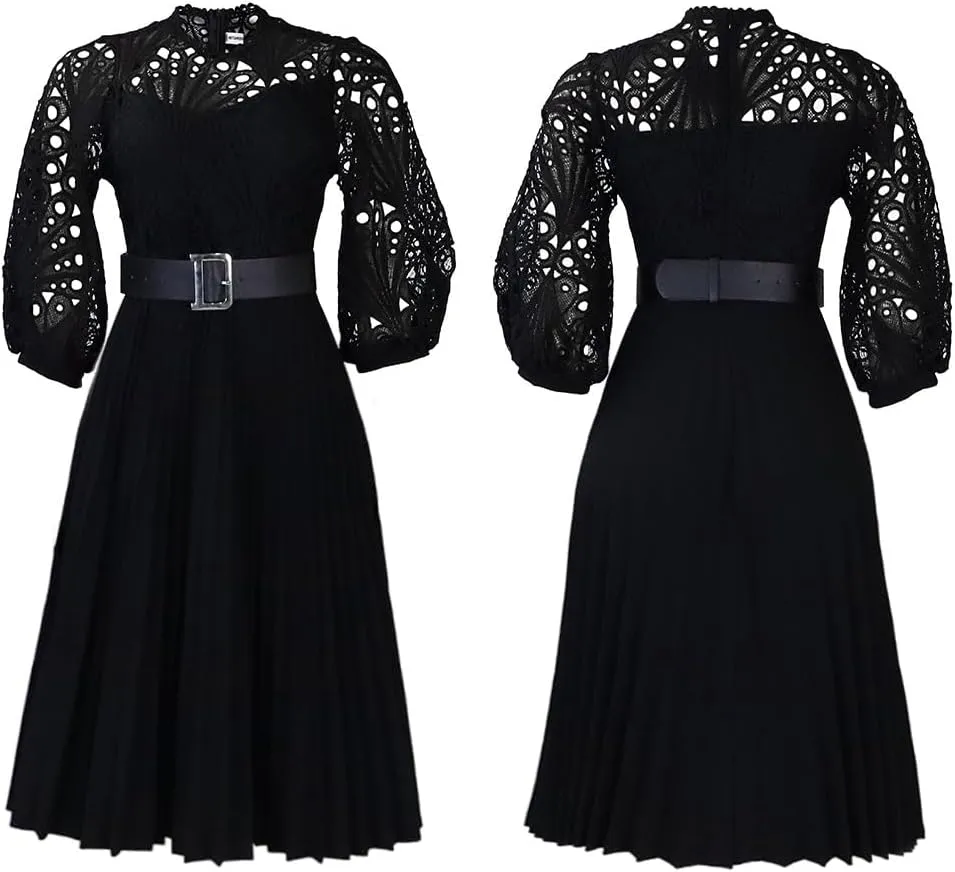 Women's Elegant Lace Hollow Out Puff Sleeve Mock Neck A-Line Pleated Midi Dress Plus Size Church Wedding Guest Dress