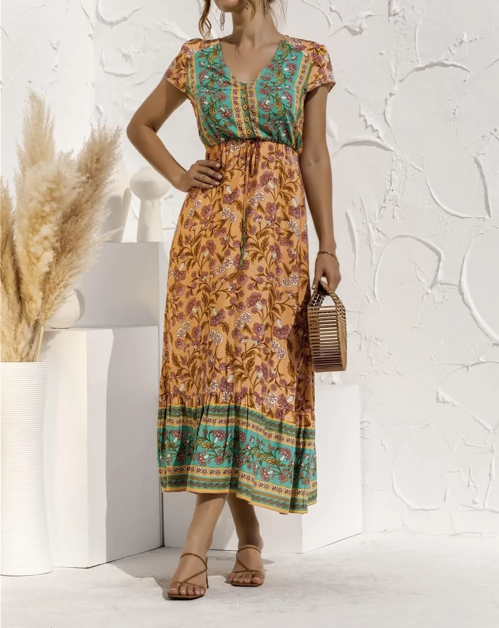 Women's Floral Boho Maxi Dress V Neck Corset Short Sleeve Ruffle A-Line Sundress Flowy Casual Beach Vacation Mini Dress
