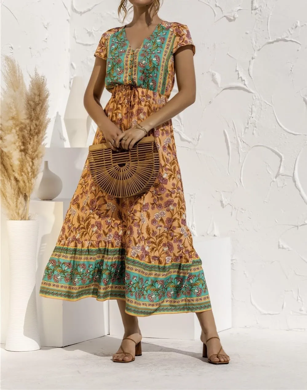 Women's Floral Boho Maxi Dress V Neck Corset Short Sleeve Ruffle A-Line Sundress Flowy Casual Beach Vacation Mini Dress