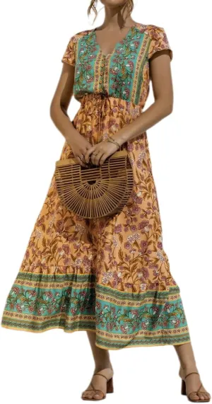 Women's Floral Boho Maxi Dress V Neck Corset Short Sleeve Ruffle A-Line Sundress Flowy Casual Beach Vacation Mini Dress