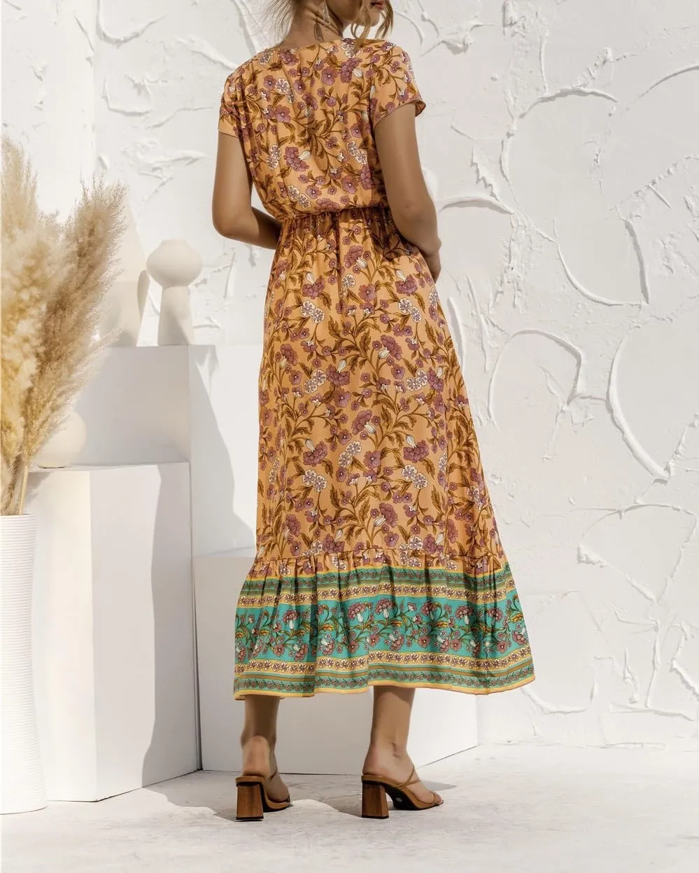 Women's Floral Boho Maxi Dress V Neck Corset Short Sleeve Ruffle A-Line Sundress Flowy Casual Beach Vacation Mini Dress