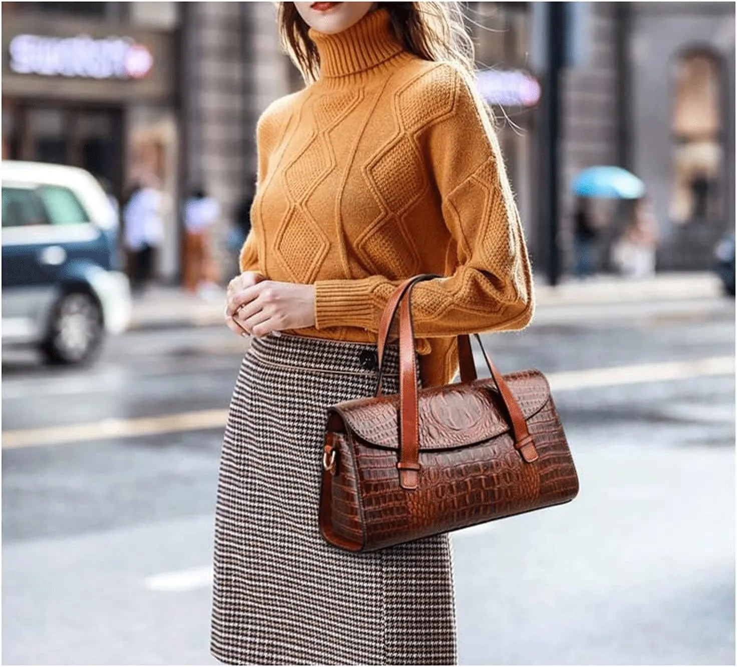 Women's Handbags Crocodile Leather Handbags Women Bags Vintage Alligator Satchel Tote Purse Lady Shoulder Hand Bag for Women(Black)