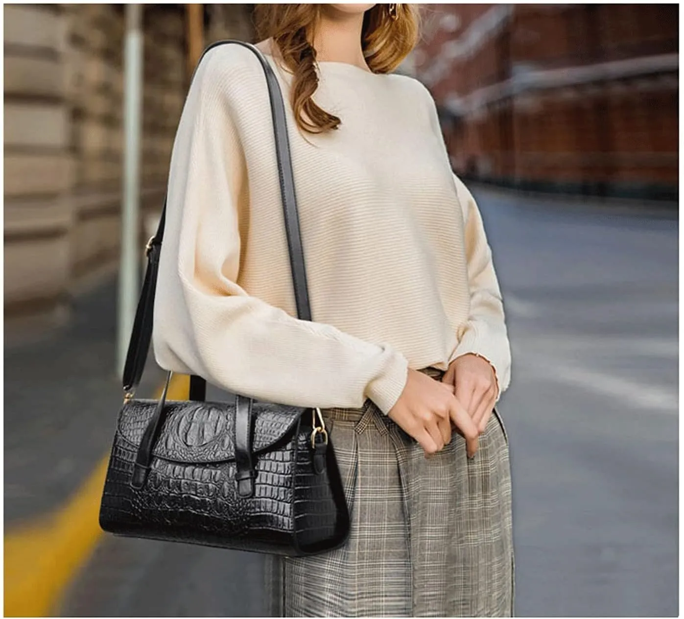 Women's Handbags Crocodile Leather Handbags Women Bags Vintage Alligator Satchel Tote Purse Lady Shoulder Hand Bag for Women(Black)