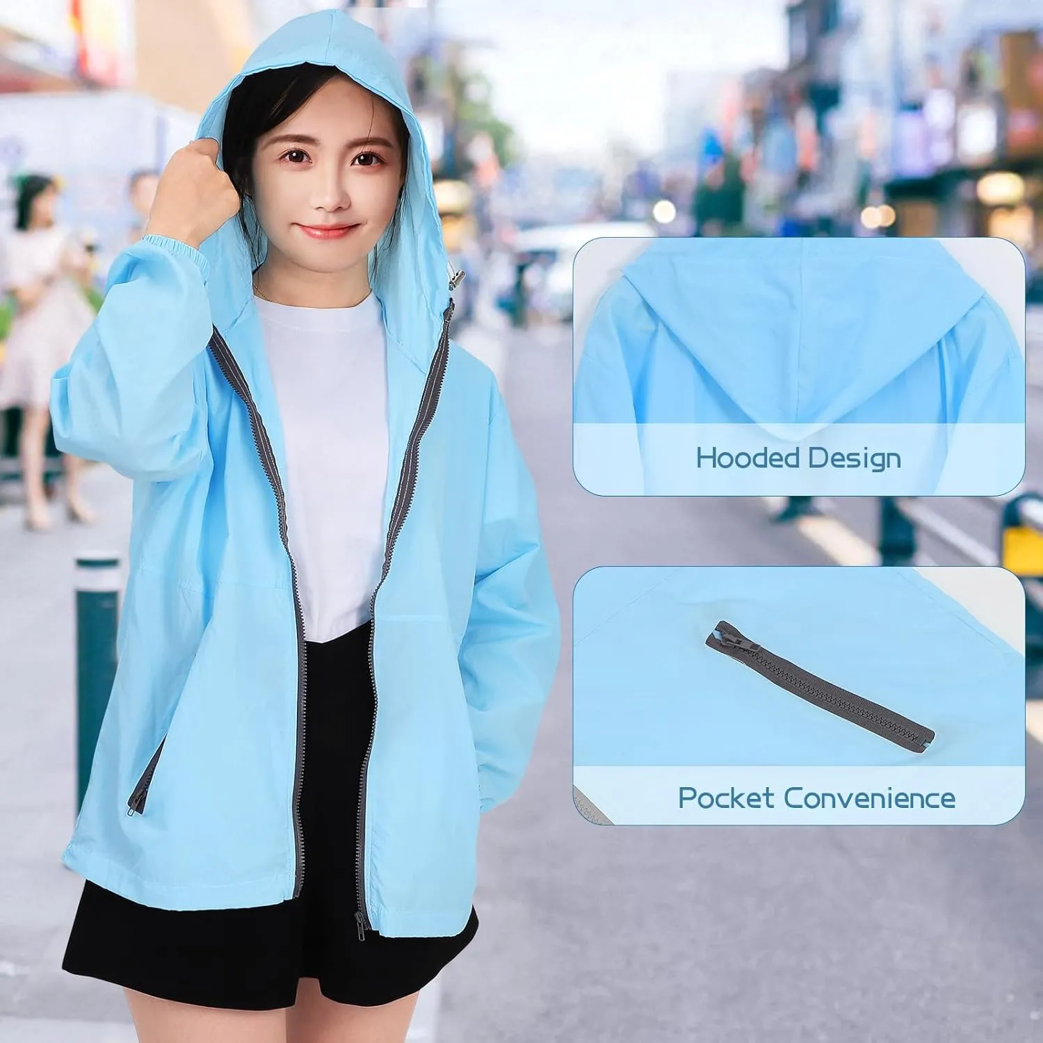 Women's Lightweight Jacket Hooded Lightweight Raincoat Outdoor Waterproof Windbreaker with Pockets Cycling Bike