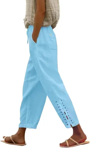 Womens Lightweight Pants with Pockets High Waist Comfy White Pants Casual Lightweight Loose Trousers