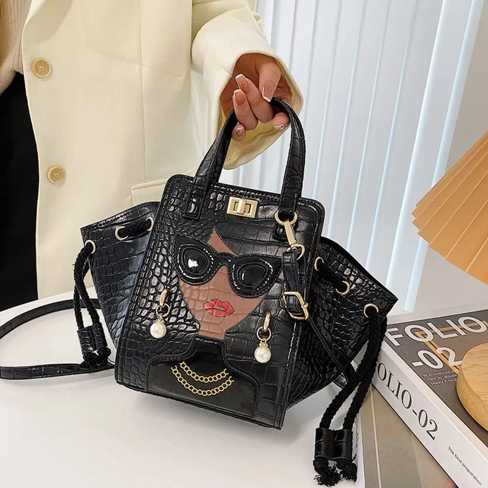 Women's Novelty Unique 3D Lady Face Leather with Crocodile Pattern Tote Handbags Funky Purse Hobo Crossbody Shoulder bags