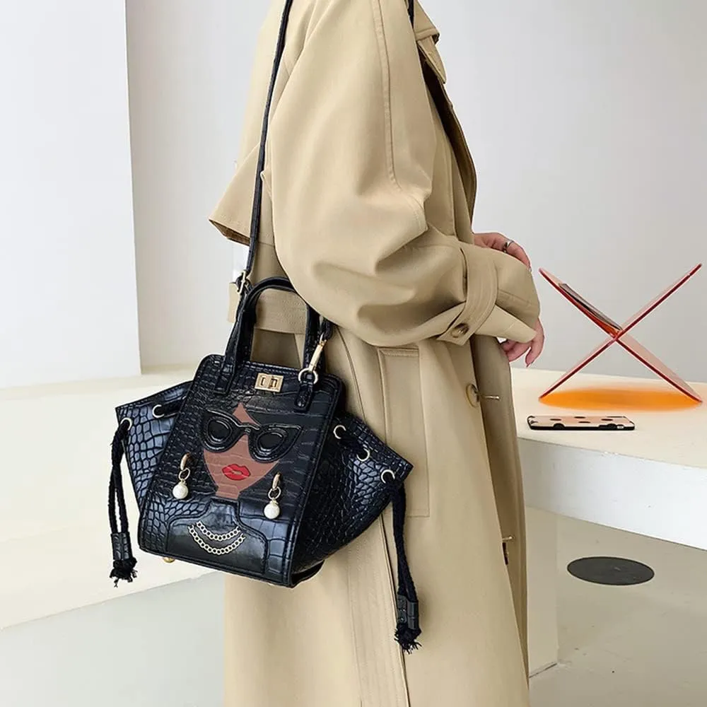 Women's Novelty Unique 3D Lady Face Leather with Crocodile Pattern Tote Handbags Funky Purse Hobo Crossbody Shoulder bags