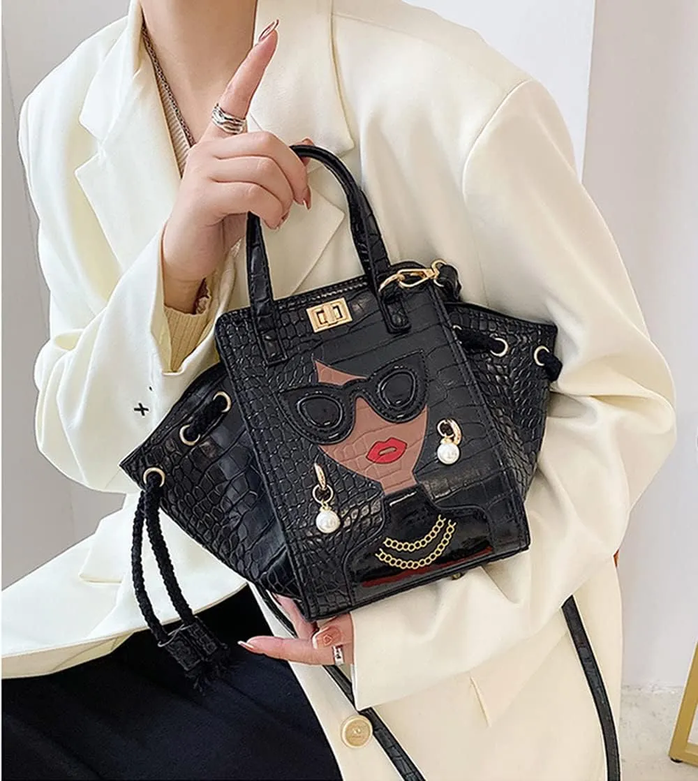 Women's Novelty Unique 3D Lady Face Leather with Crocodile Pattern Tote Handbags Funky Purse Hobo Crossbody Shoulder bags
