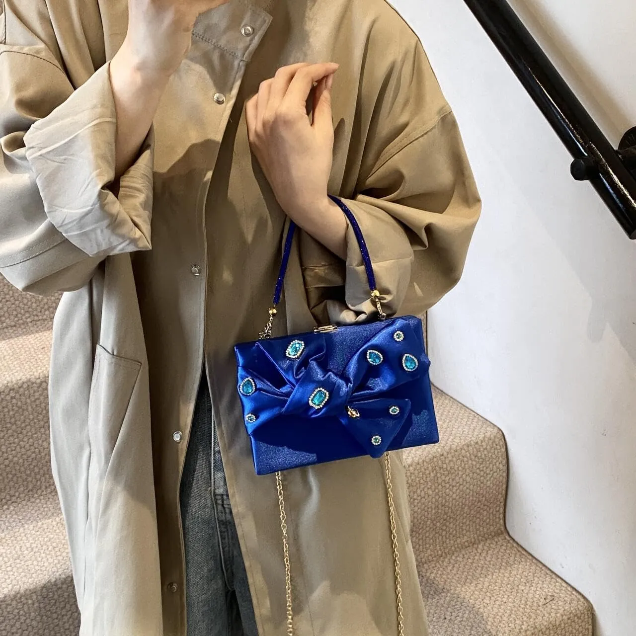 Womens Satin Evening Bag Bow Handbag Purse Party Clutches Wedding Chain Shoulder Cross Body Bag