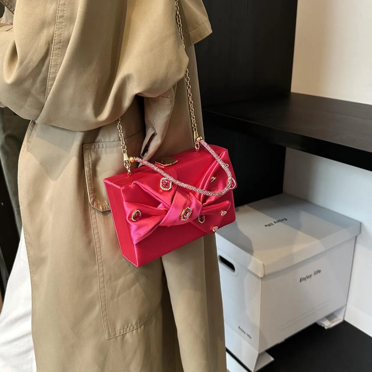 Womens Satin Evening Bag Bow Handbag Purse Party Clutches Wedding Chain Shoulder Cross Body Bag