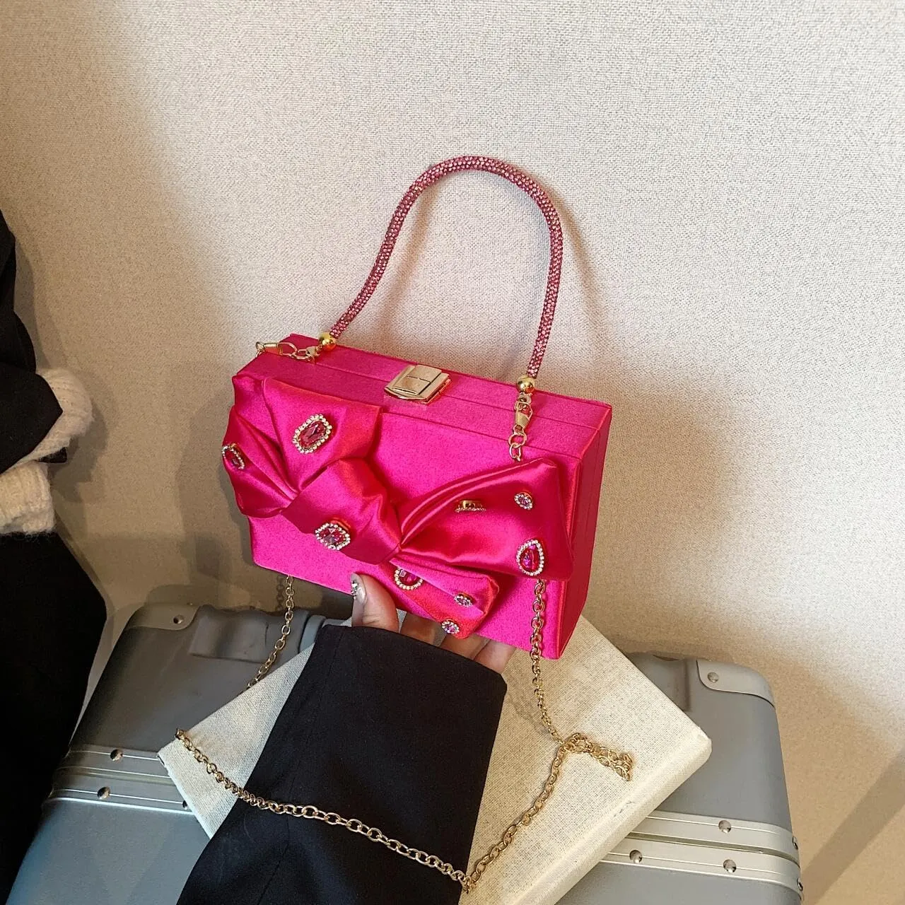 Womens Satin Evening Bag Bow Handbag Purse Party Clutches Wedding Chain Shoulder Cross Body Bag