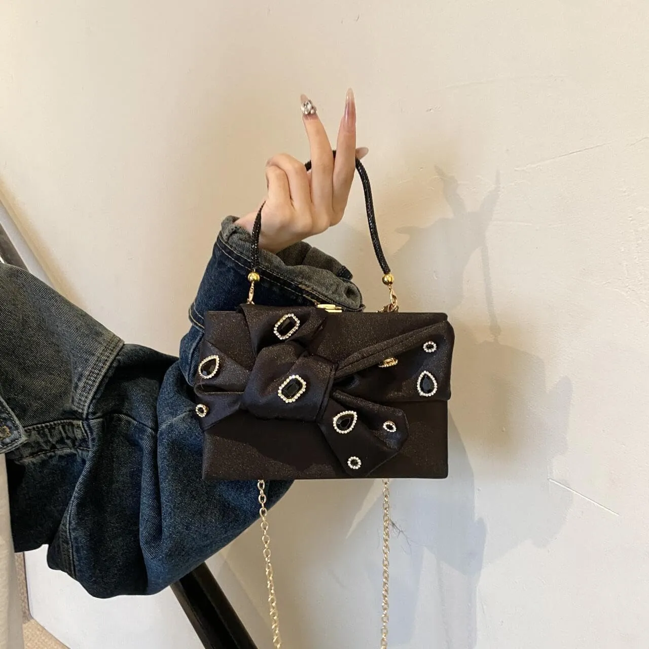 Womens Satin Evening Bag Bow Handbag Purse Party Clutches Wedding Chain Shoulder Cross Body Bag