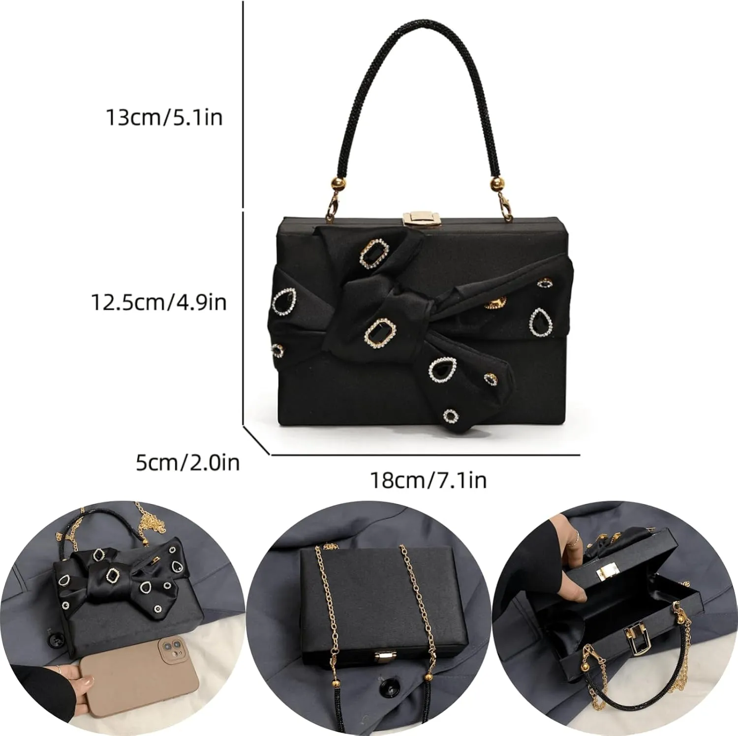 Womens Satin Evening Bag Bow Handbag Purse Party Clutches Wedding Chain Shoulder Cross Body Bag
